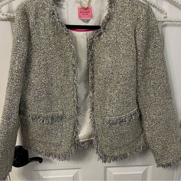 Kate Spade Gray Tweed Metallic Blazer with Fringe Trim - Picture 3 of 11
